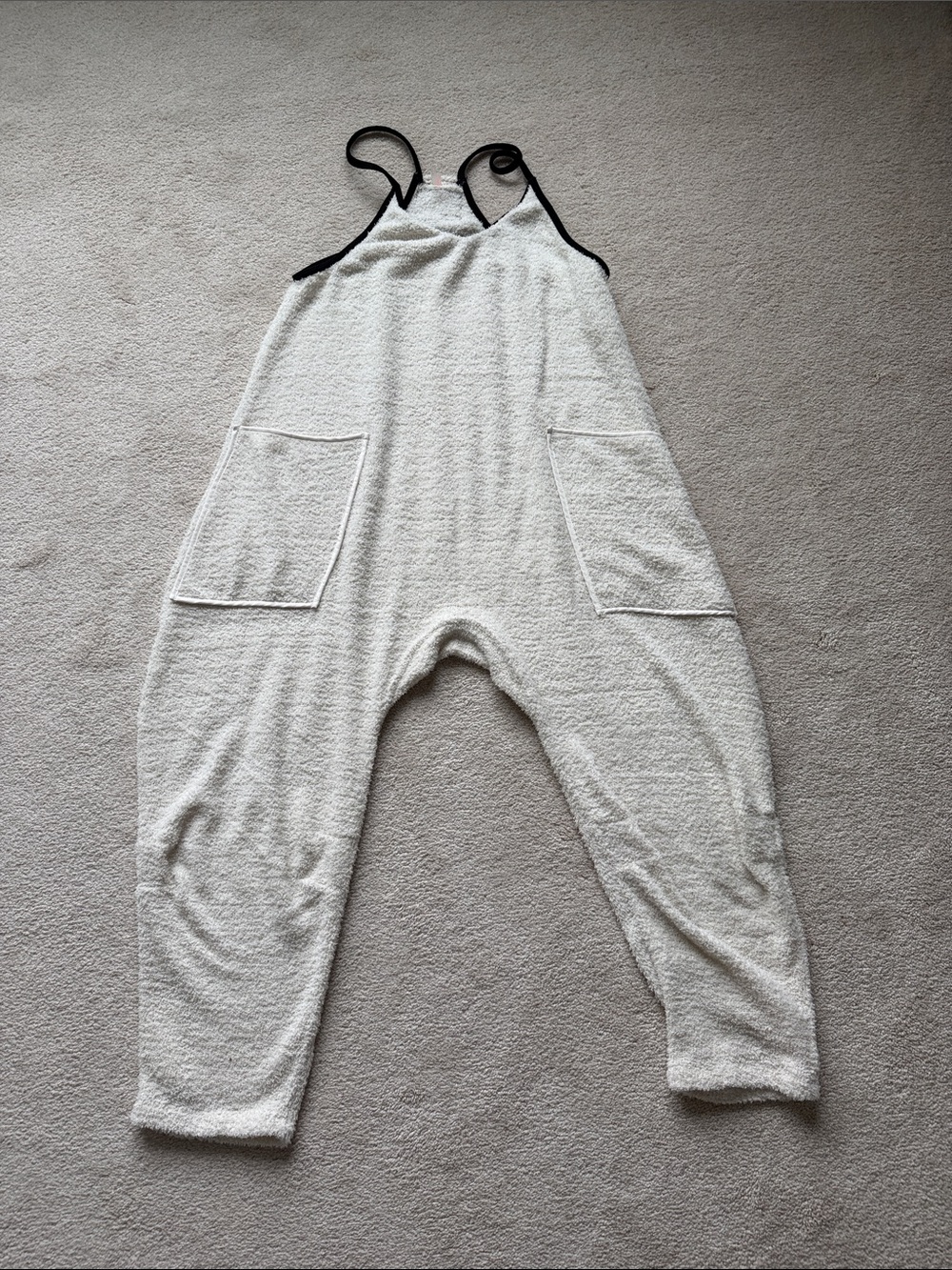 Free people hot shot fleece Cozy Cream Terry Cloth Jumpsuit with Black Trim